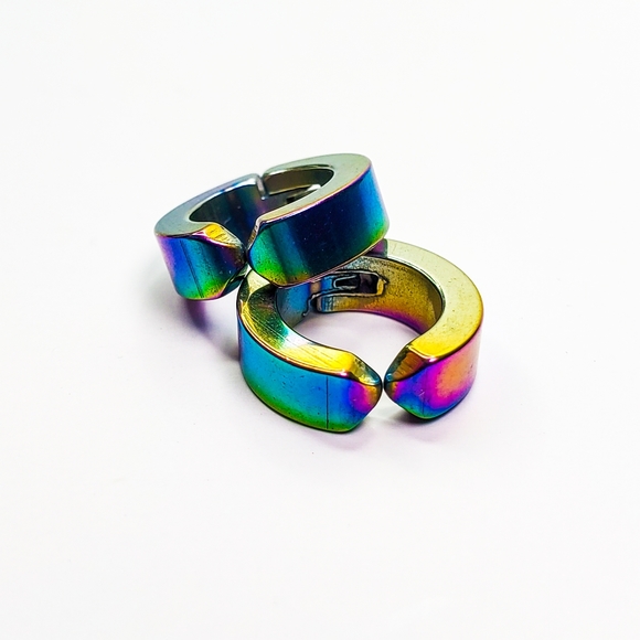 Rainbow Titanium Iridescent Stainless Steel Magnetic Hinged Hoop Clip Earrings - Picture 14 of 16